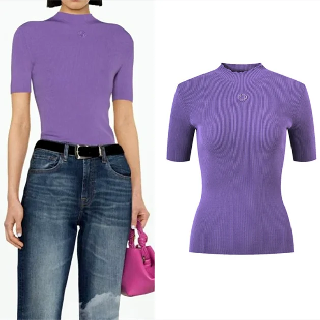 

Ele Purple Knitted Top f High Collar Embroidered Soft Sle Spring Summer Inner Wear Base irt Women's Faion