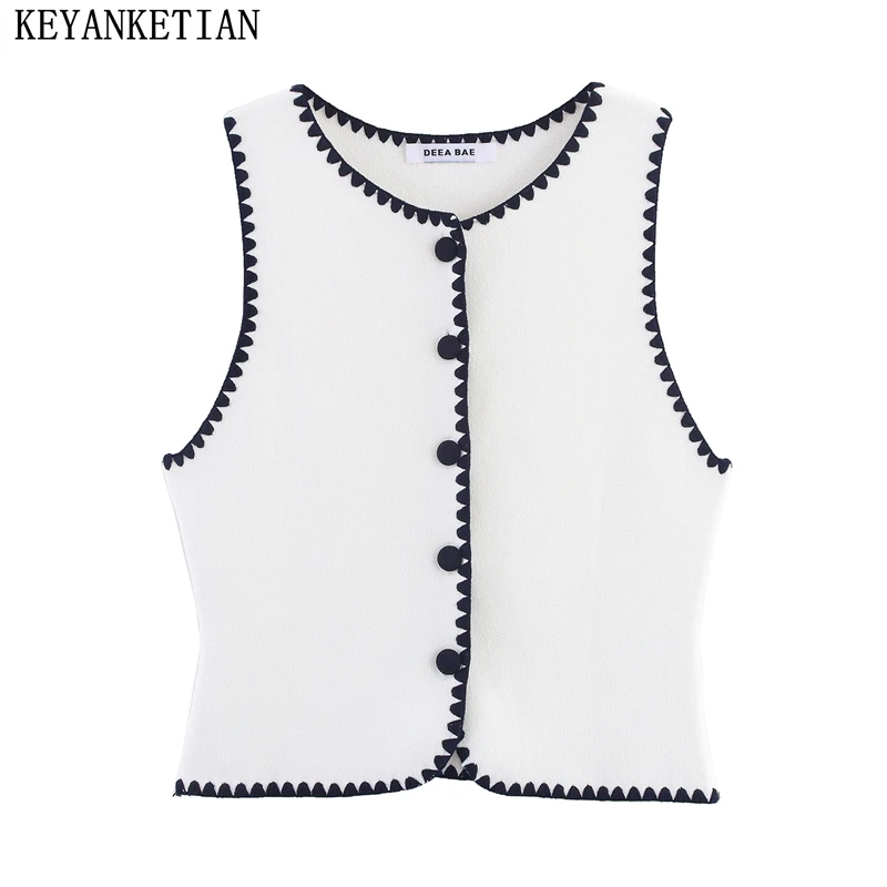 

KEYANKETIAN Autumn New Women's Round Neck Sleeveless Short Style Contrasting Embroidery Knitted Vest Wwomen Sweater Vest