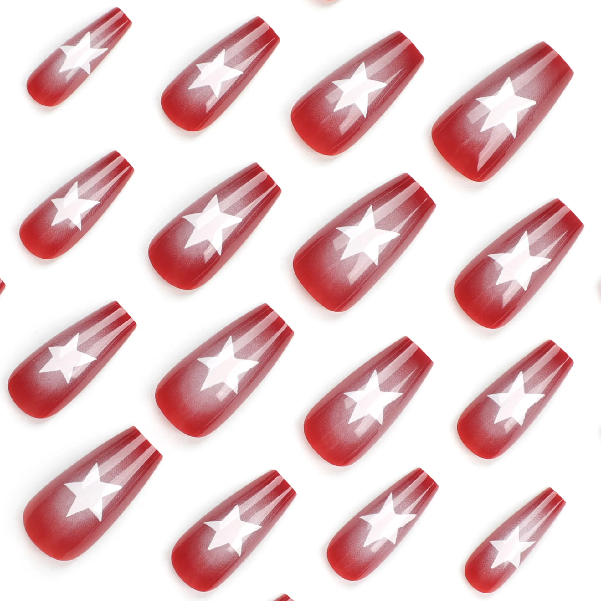 Imprensa vermelha em unhas falsas para mulheres, caixão médio, Cola nas unhas com design de estrela branca, Capa completa, Fal de acrílico artificial, Vermelho, Y2K