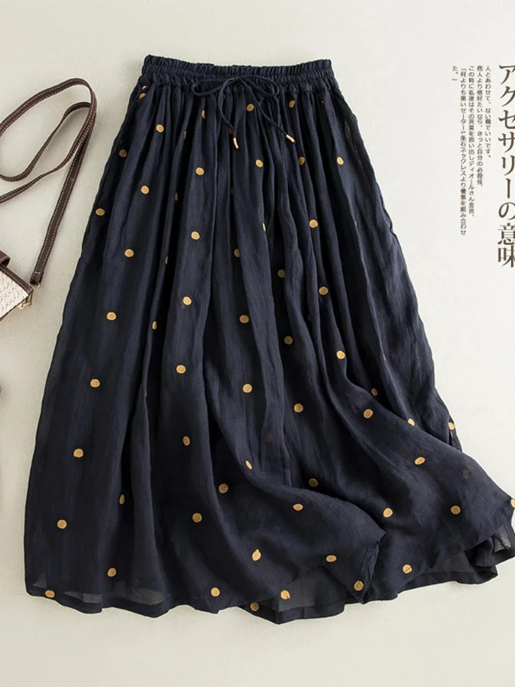 

Women's Double Layered A-Line Skirt Retro Polka Dot Wide Hem Cotton Linen Midi Skirt High Waist Print Belted Summer