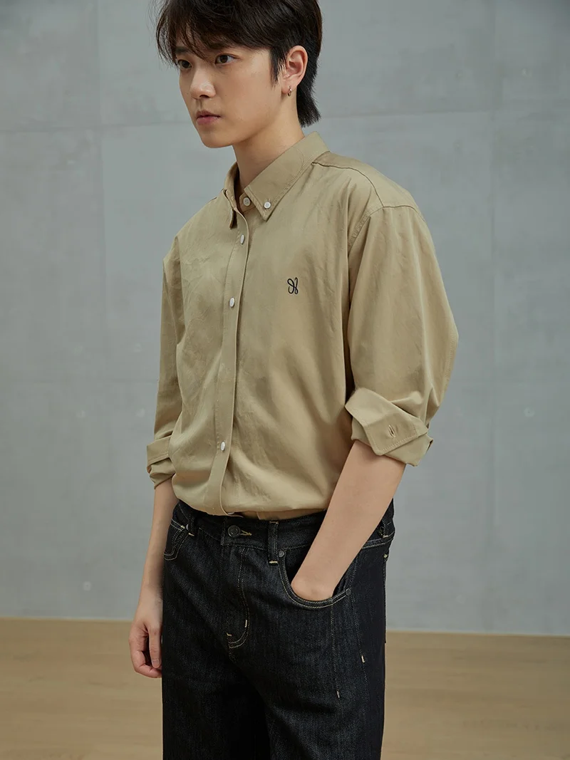 

HIER Neutral Sle Embroidered irt Light Khaki Commute Skin-friendly Aosphere Closet Outing Straight Cotton Long Sve