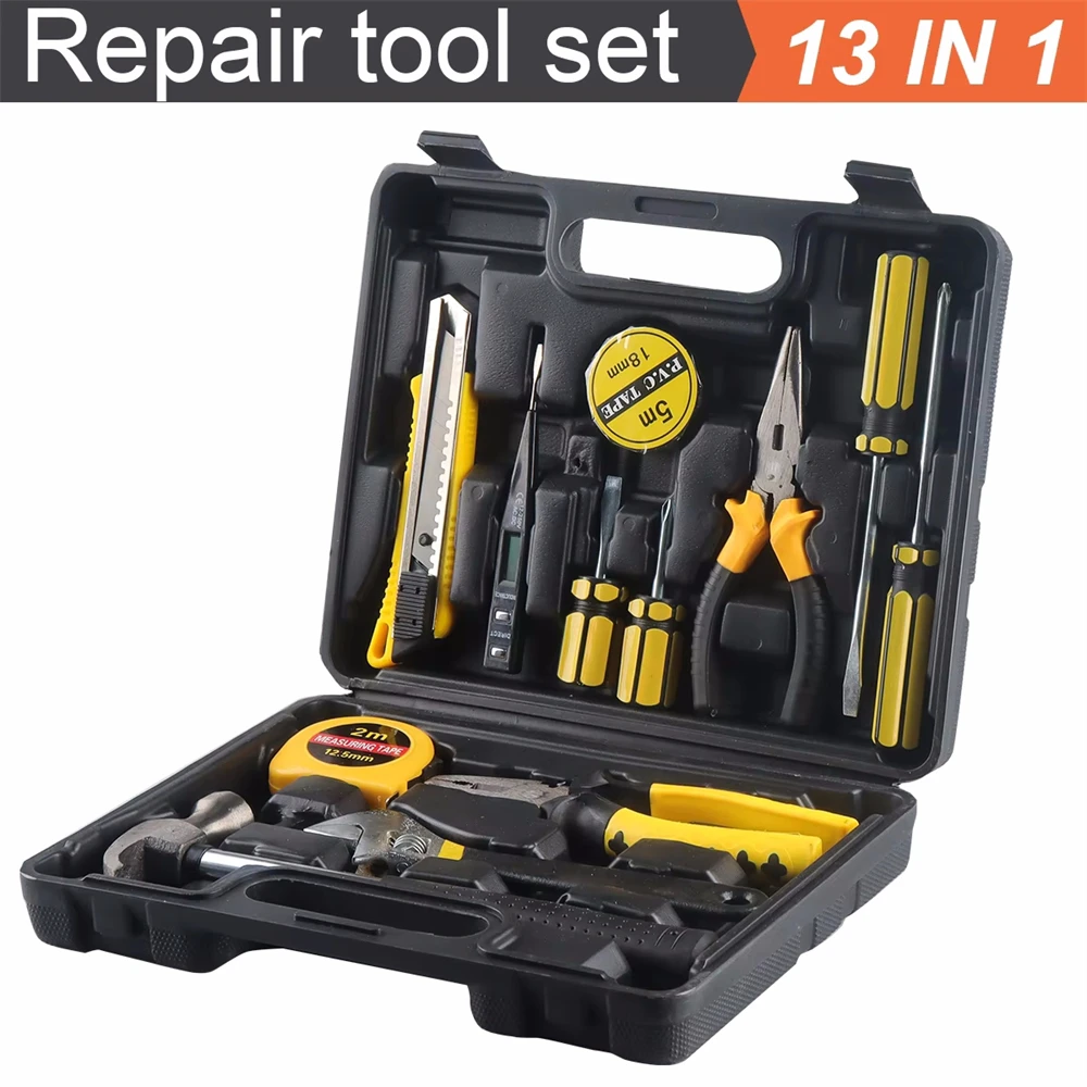 13Piece Tools Set General House Hold Hand Tool Kit with Plastic Toolbox Storage Case Used To Car Repair and Home Repair