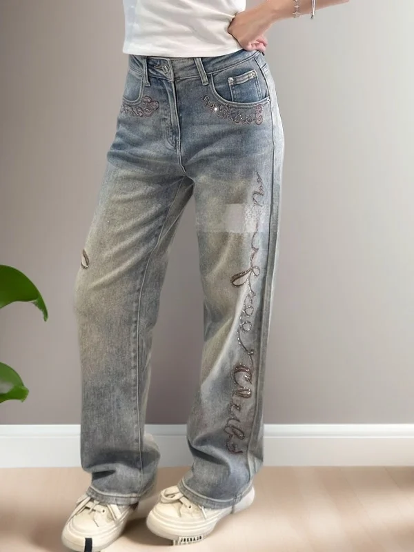 

Ele Embroidered Rhinestone Denim Pants High Waist Straight Leg Wide Leg Jeans for Women Spring Season Casual Sle