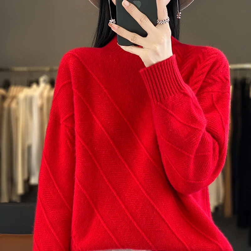 2024 New Sweater Half High Neck Pullover Casual Knitted Loose Top 100% Pure Wool Long sleeved Bottom Shirt Spring Fashion Korean