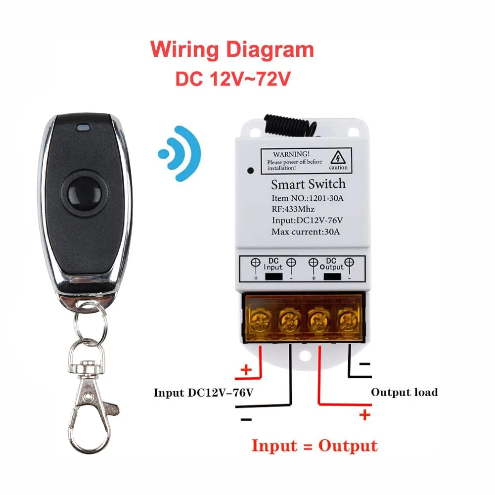 Universal DC 12V 24V 76V 30A Remote Relay 433Mhz Remote Control Wireless Switch On Off Used for Smart home appliances/Light