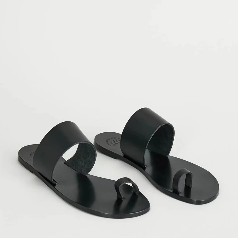 

2024 fashion ATP gorgeous black leather flat sandals simple style slippers