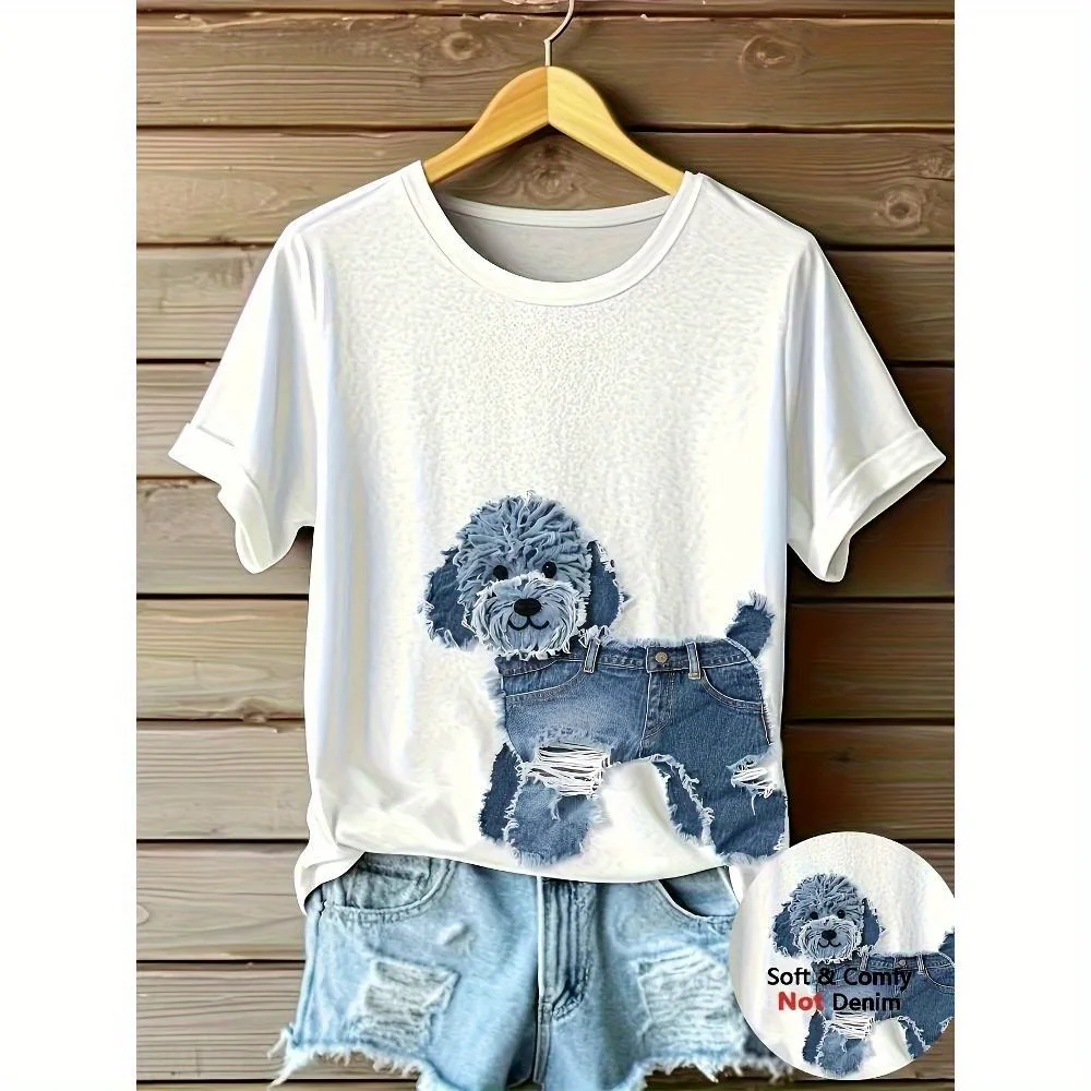 

[Denim Print/Imitation Denim] Women's Quick-Dry T-Shirt - Soft Breathable Fabric, Cute Puppy Graphic Tee for Everyday & Outdoor