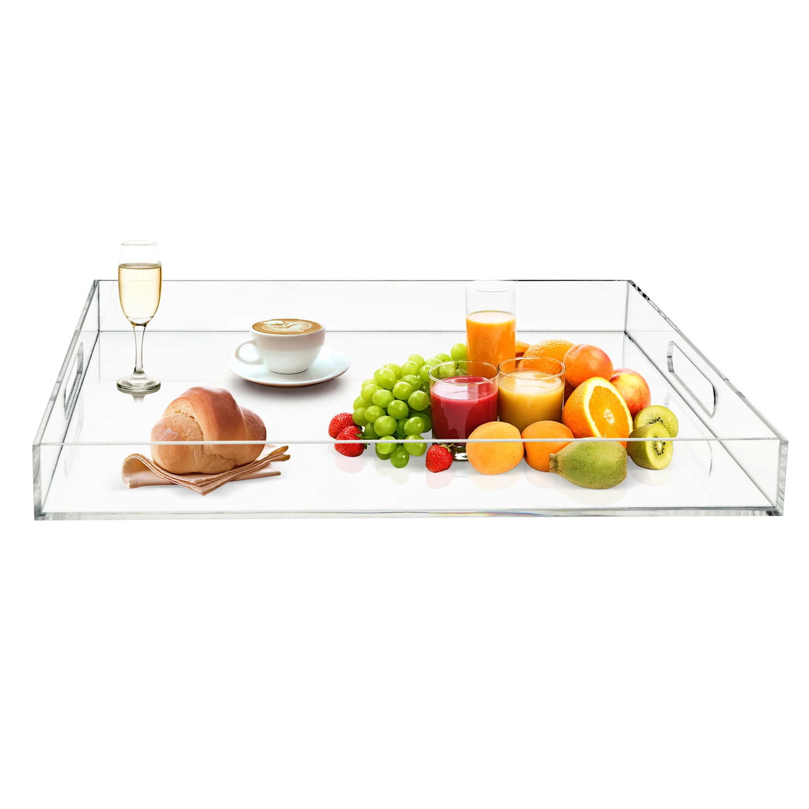 Clear Extra Large Acrylic Serving Tray with Handles Oversize 18.9*18.9 Inch -Spill Proof- Decorative Trays Countertop Organiser