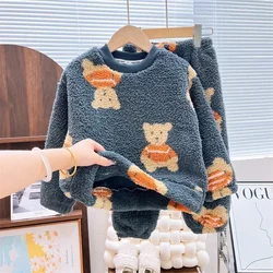 New Autumn Winter Kids Thicken Warm Fleece Pajamas Boys Girls Cute Cartoon Panda Pullover Child Casual Clothing Sets Pyjamas