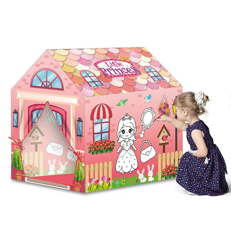 Tente pliante de peinture de dessin animé pour enfants, tente de jouet portable pour enfants, maison de jeu de princesse de dinosaure d'océan bricolage, tente intérieure et extérieure pour garçons et filles