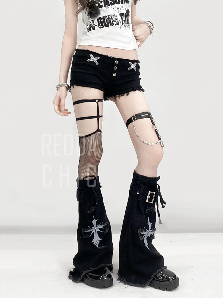 REDDACHiC Low Waist Buttoned Denim Shorts Hot Summer Ribbon Decor Black Stitching Raw Edge Casual Bootypants Acubi Women Clothes