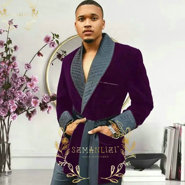 

SZMANLIZI New Purple Velvet Prom Suits For Men Slim Fit 2 Piece Wedding Groom Tuxedos Male Dinner Party Blazer With Black Pants