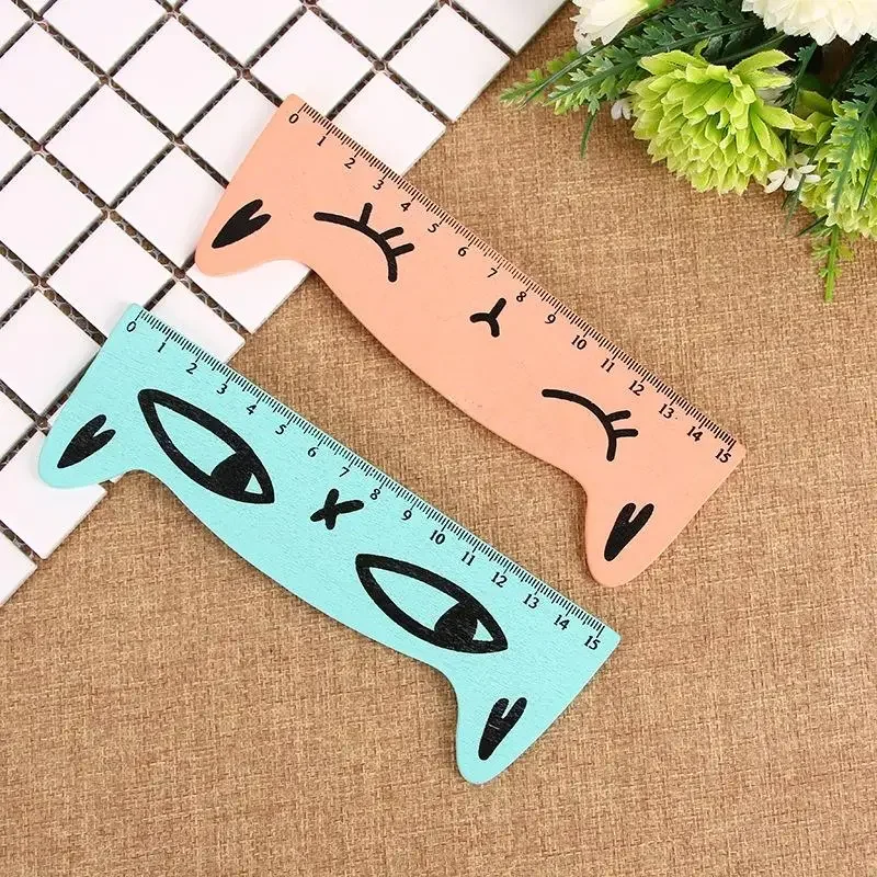 2Pcs Cute Lovely Cat Wooden Straight Ruler Measure Study Drawing Tool Student Stationery