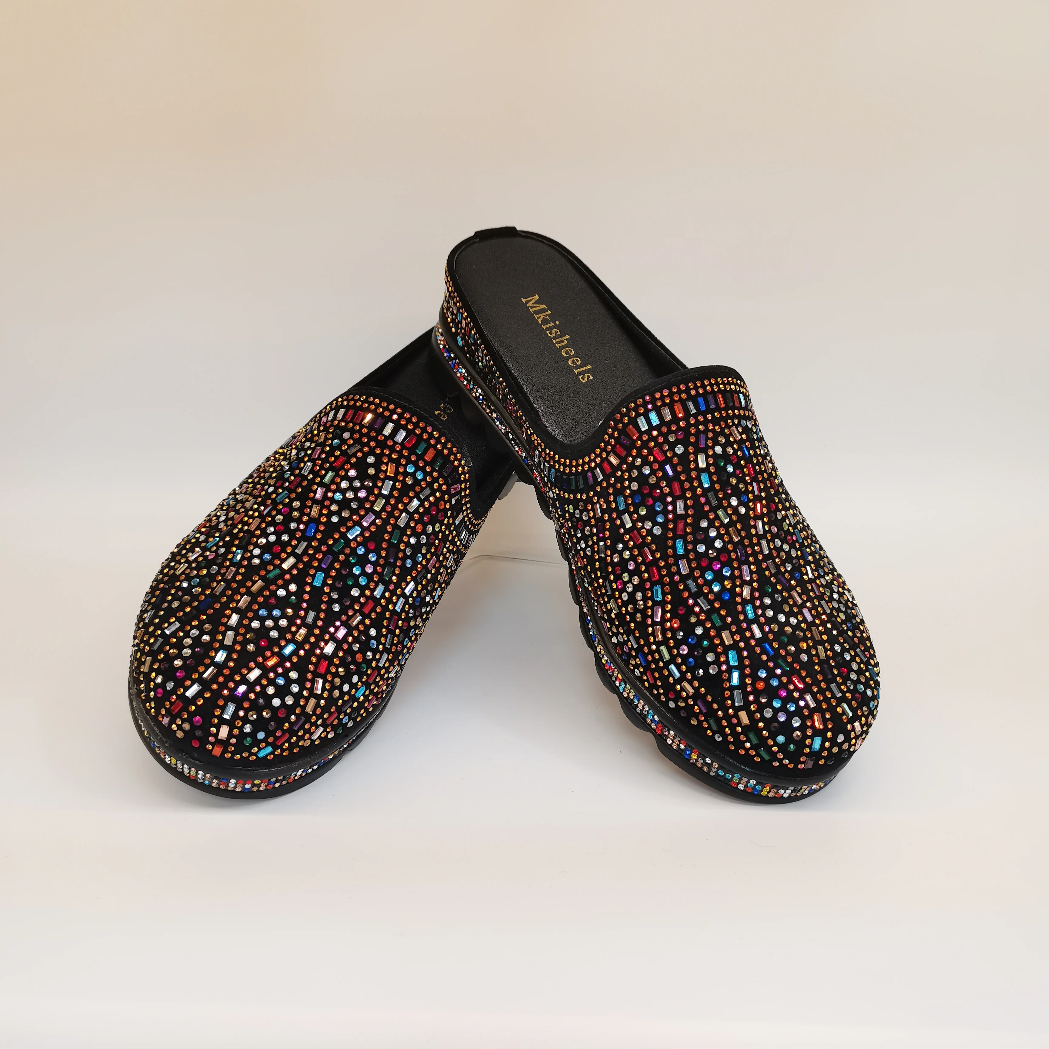 African Popular Luxury Women\'s Rhinestone Slippers Non-slip height-raising, High-end  Mid-Heel Lady Casual Mullers Shoes F1207-1