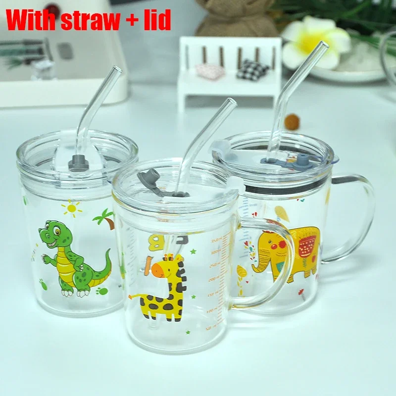 Animal Series Breakfast Cups Children Scale Creative Cartoon Straw Glass Cups Cute Household Heat-resistant Milk Mugs with Lids