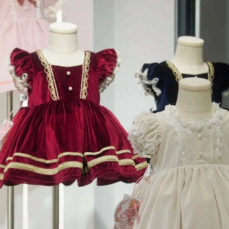 Handgefertigtes Samtkleid für Mädchen, Frühling und Herbst, Tutu-Prinzessinnenkleid, Einfaches Festtagskostüm für Kinder, Spanisches Kleid – Detail 3