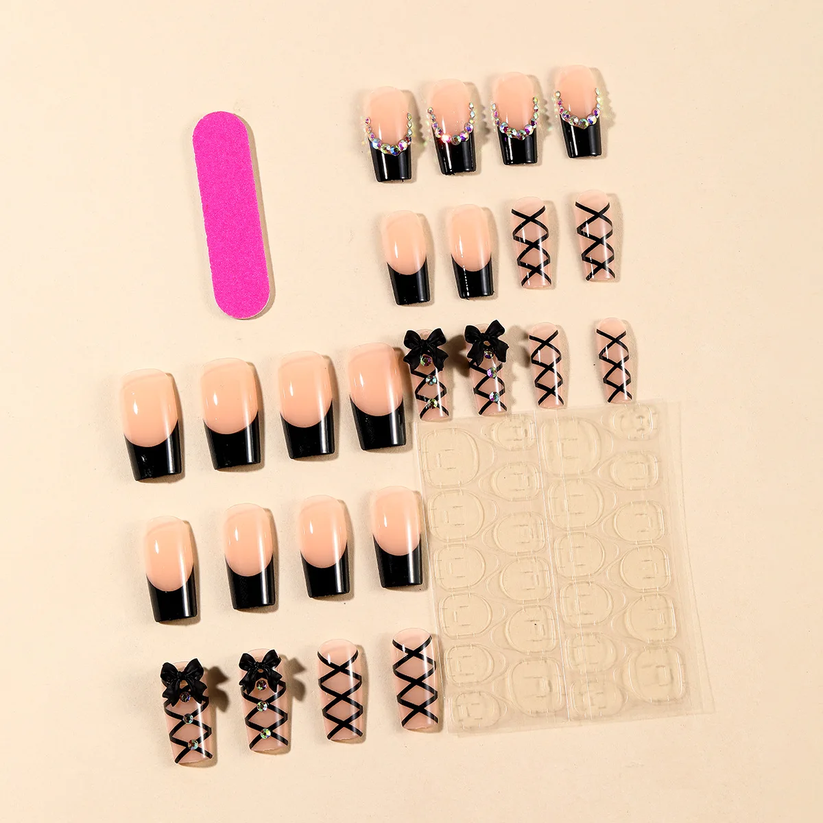 24 Uds. De uñas largas de Ballet con correa cruzada negra, uñas postizas de estilo francés con decoración de lazo 3D, puntas de uñas postizas reutilizables coreanas