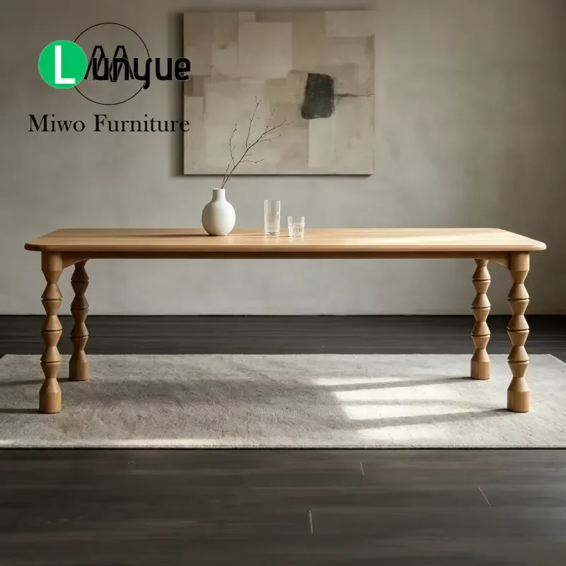 Modern Rustic French Style Solid Wood Dining Table and Chairs Set with Rectangular Top and Roman Column Legs for Home Kitchen