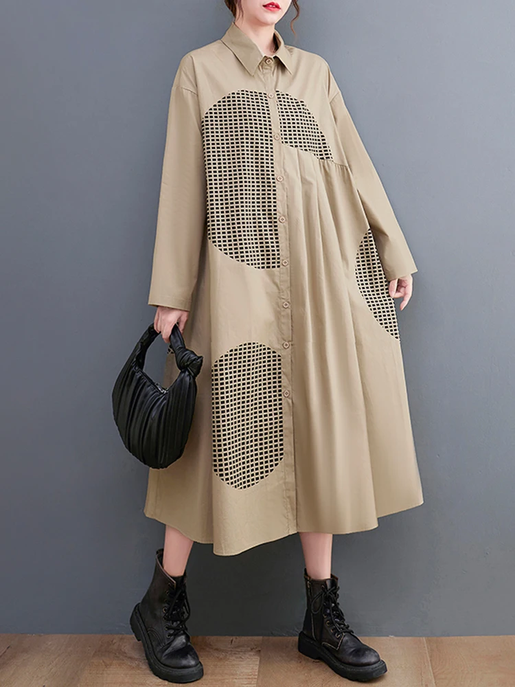 NYFS 루즈 플러스 사이즈 프린트 롱 드레스 봄 가을 2026 빈티지 긴 소매 여성 로브 셔츠 드레스