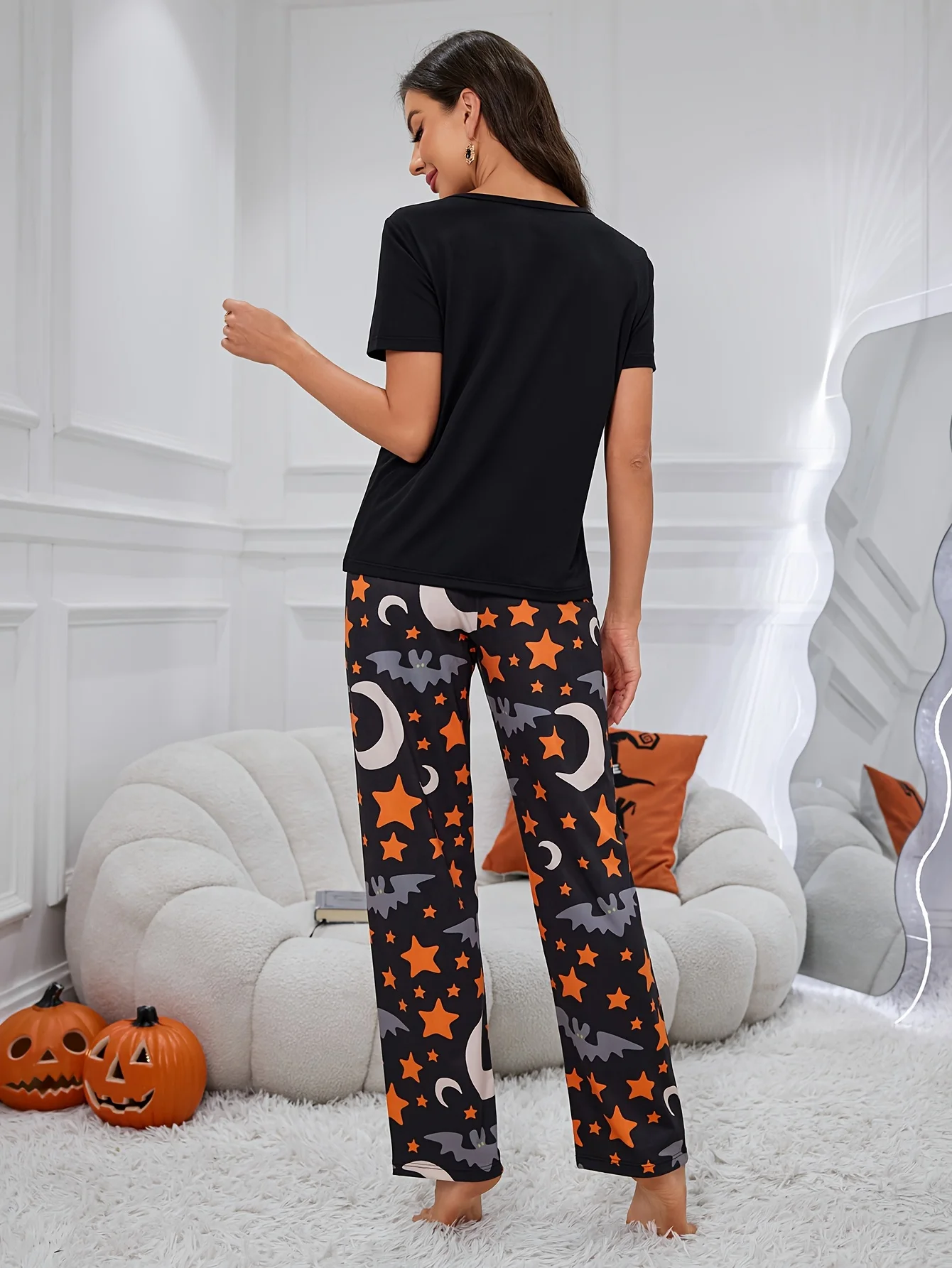 Halloween Limited Size Women's Summer Casual Cute Cartoon Printed Short-Sleeved Pants Pajama Set