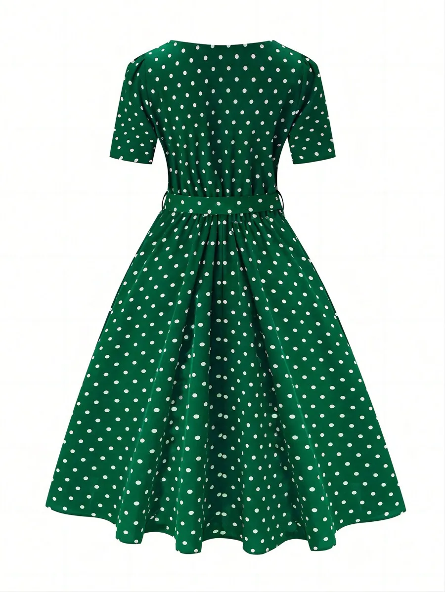 

Green Polka Dot Belted Midi Dress For Women