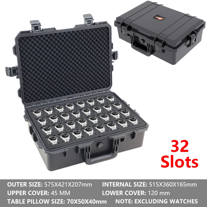 32 Slots Waterproof Watch Box Safety Equipment Case Portable Dry Tool Box Impact Resistant Case With Foam For Watches Storage