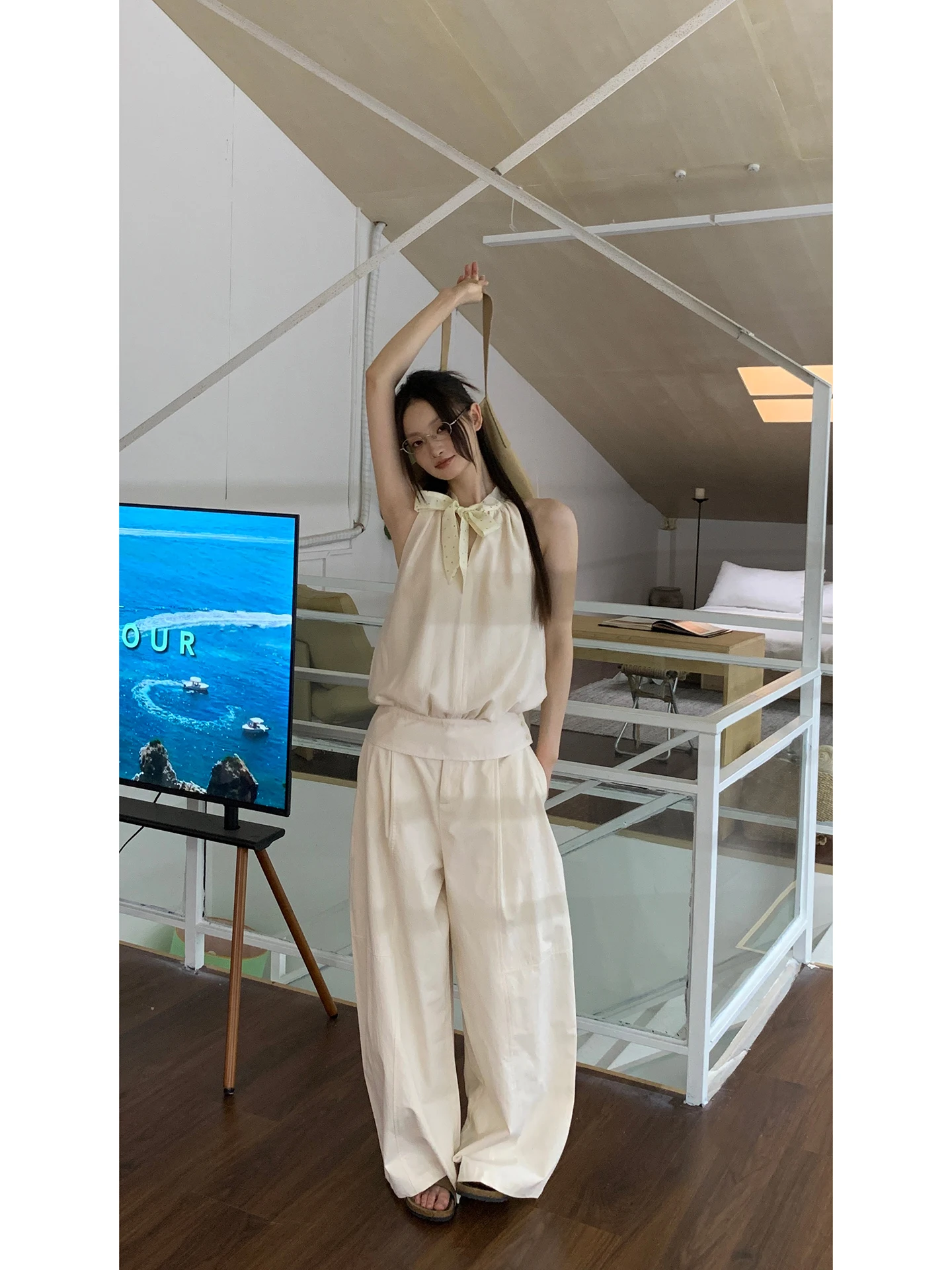 Abito a vita bassa Pantaloni a gamba larga Pantaloni casual estivi larghi da donna Commute Sle Taglio dritto Miscela di cotone G Sli