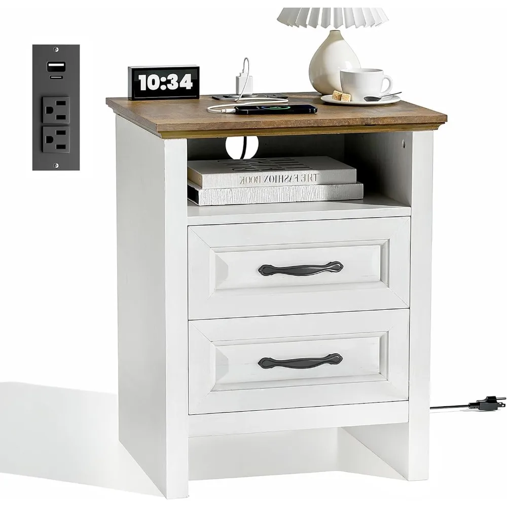 

Прикроватная тумбочка с зарядной станцией, 1 шт., прикроватный столик с 2 ящиками, порт USB A, порт USB C и 2 розетки переменного тока