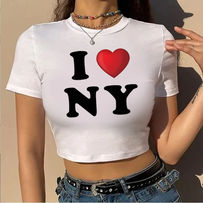 I Love New York American Vintage Style T-Shirt Hot Girl Print Women's Cropped Top Y2k Raglan Sleeve O-Neck Cropped Baby T-Shirt