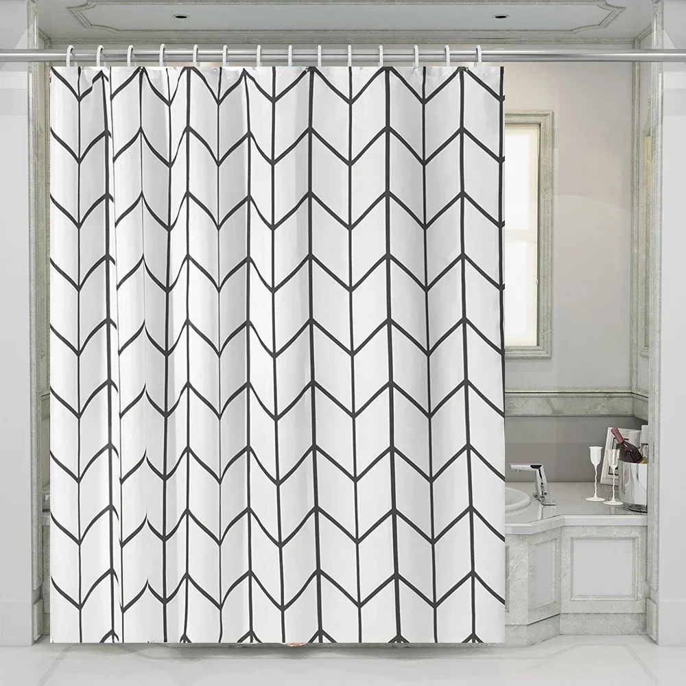 Modern Art Geometric Shower Curtain Set Herringbone Design Black White Striped Wall Cloth Decor Bathroom Polyester Curtains Hook