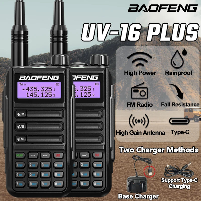 2pcs-baofeng-uv-16-plus-walkie-talkie-ad-alta-potenza-con-type-c-lunga-portata-dual-band-vhf-uhf-fm-impermeabile-radio-bidirezionale-aggiornamento-uv-5r