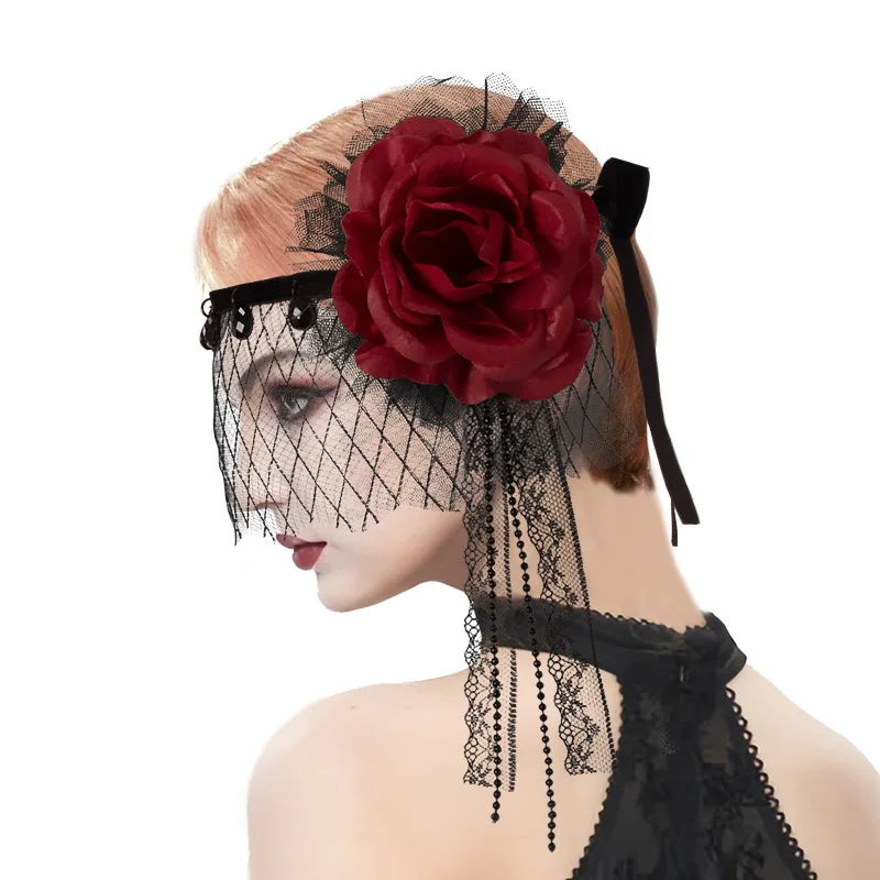 Maschera viso in pizzo rosa gotico Cosplay Halloween 1920s Gatsby Party Spider Princess Masque fascia in rete nera