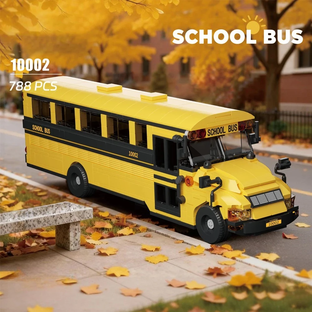 

788Pcs Classic Yellow American School Bus Building Blocks, Vintage Creative Vehicle Brick Model Kit Gift for Adults