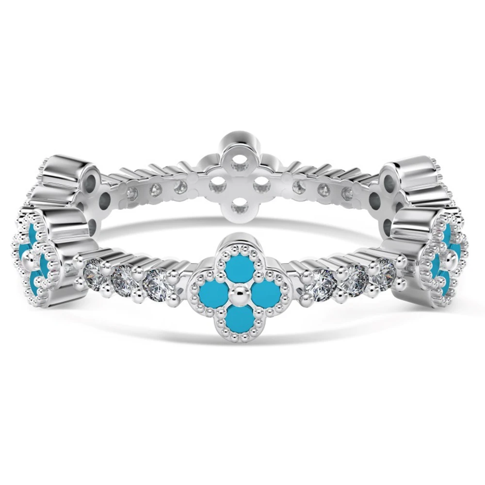 Wong Rain 100% 925 Sterling Silver Four-leaf Clover Lab Sapphire Gemstone Wedding Party Women Rings Fine Jewelry Band Wholesale