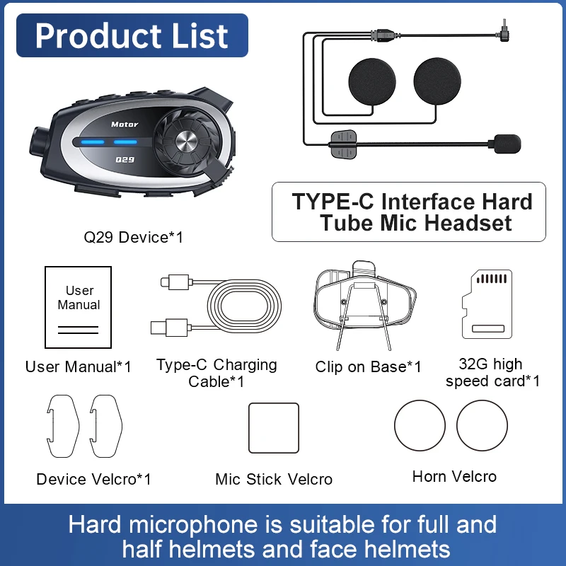 Q29 Motorradhelm-Fahrtenschreiber Headset Intercom für 2 Fahrer 500M Intercom