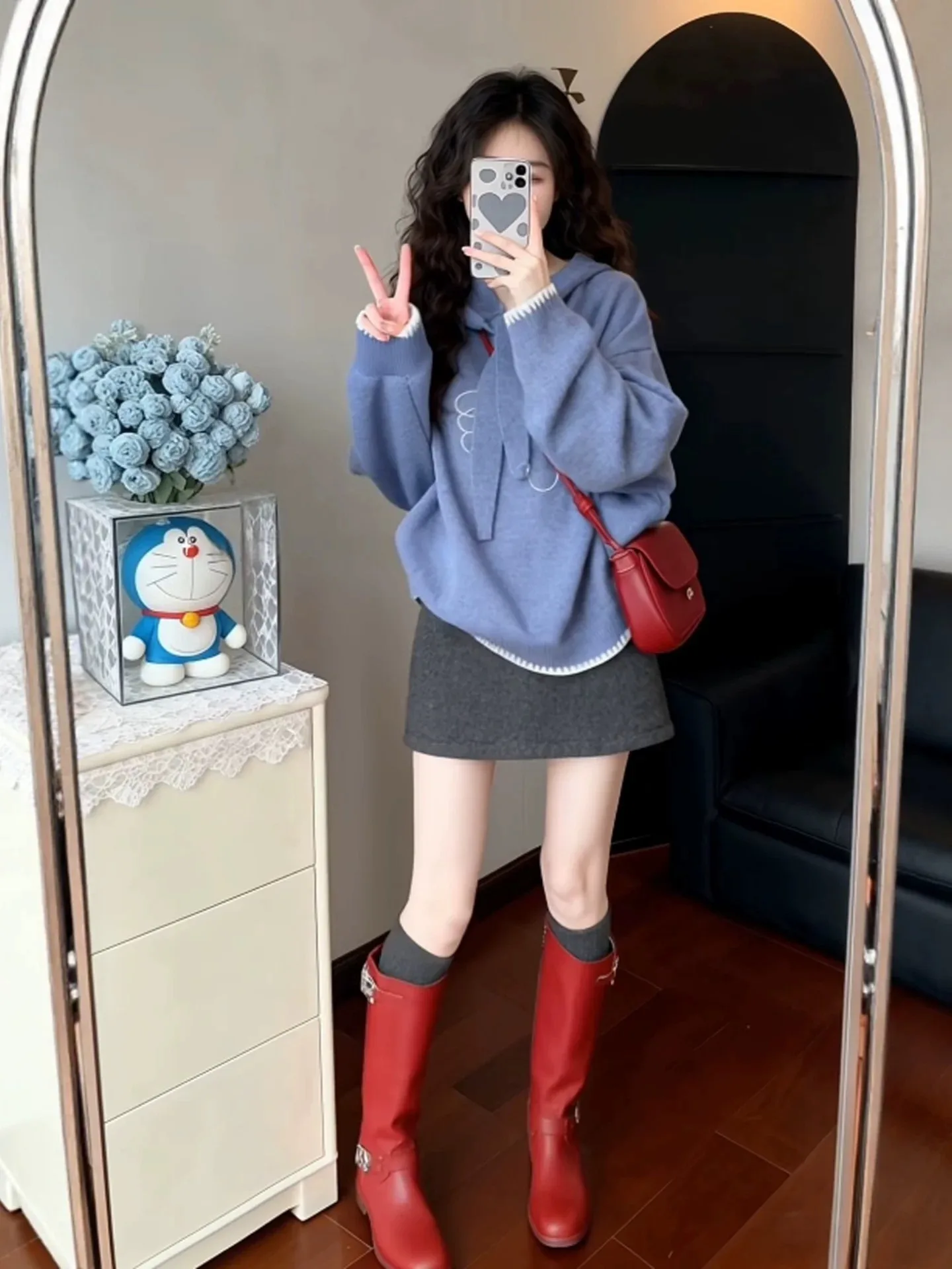 블루 후드 루즈 니트 스웨터 여성용 가을 겨울 패션 레이지 스타일 고급스러운 느낌 독특한 탑 카피품 아님