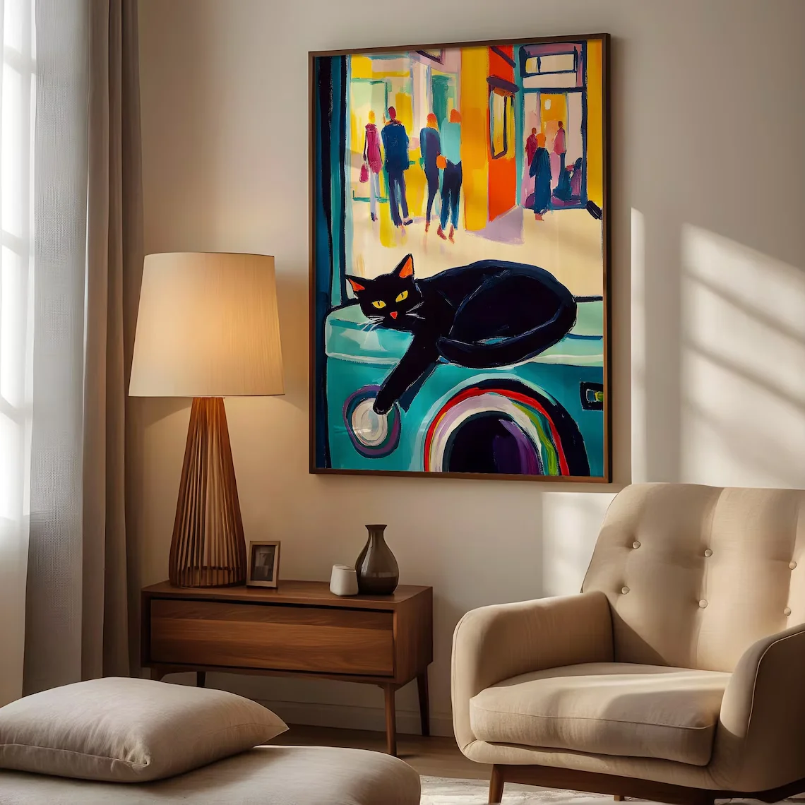 “Abstract Fauvist Style Black Cat Wall Art Print – Vibrant City Street Scene with Playful Feline on Washer, Bold Colorful Modern