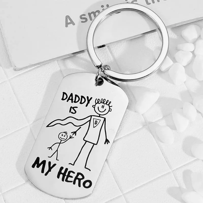 Father's Day Gift Daddy Is My Hero Keychain Stainless Steel Keychain Dad Figure Key Ring Men's Key Ring for Car Key Bag Decor