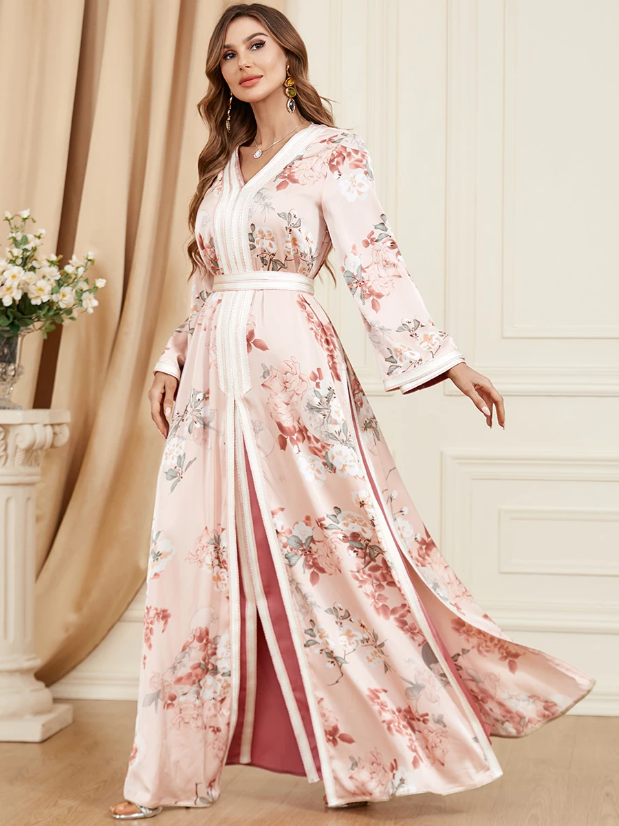 

2 Piece Abaya Moroccan Kaftan for Women Floral Printed Arabic Evening Dresses Dubai Gulf Jalabiya Party Outfit Muslim Set Ramada