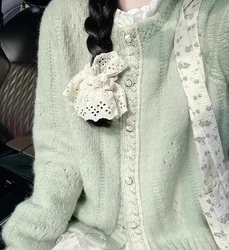 Light Green Sweet Knitted Cardigans Women Spring Autumn O-Neck Lace Single Breasted Sweater Coats Gentle Elegant Female Tops