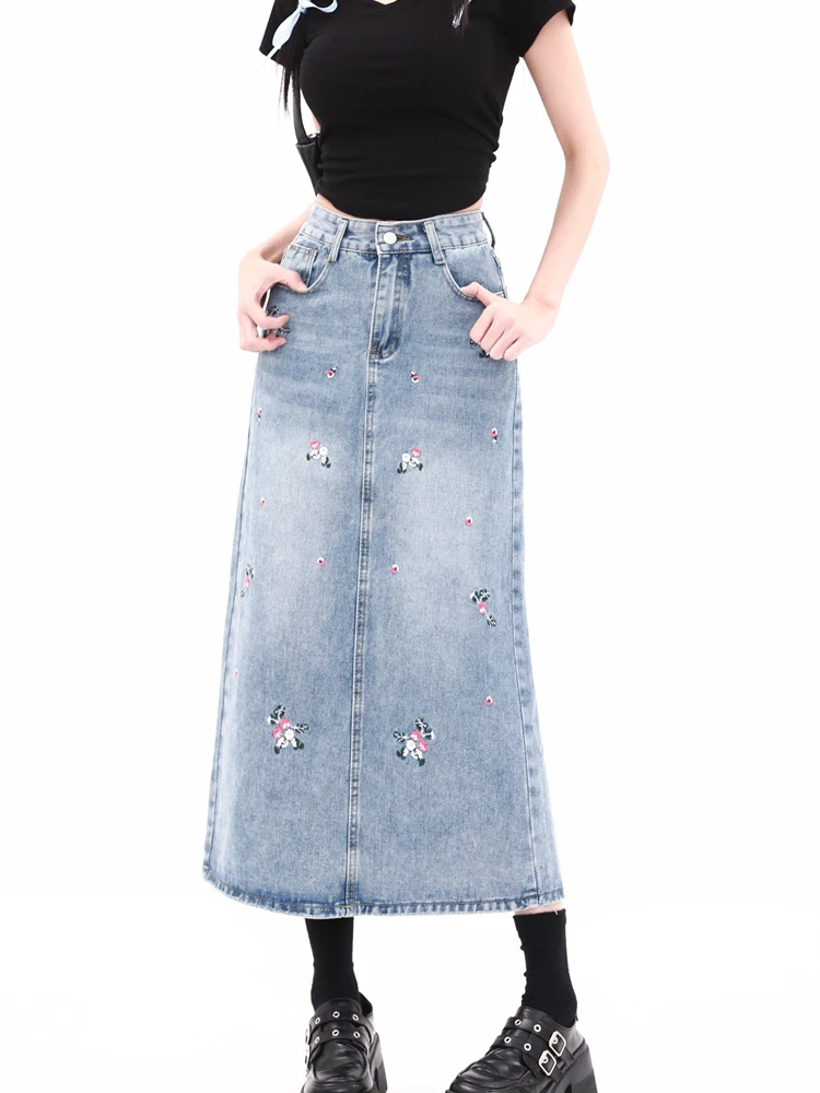 Röcke Frauen Mode Denim Vintage Stickerei gewaschen Farbverlauf Farbe lose Streetwear koreanischen Stil jugendliche charmante Schulmädchen