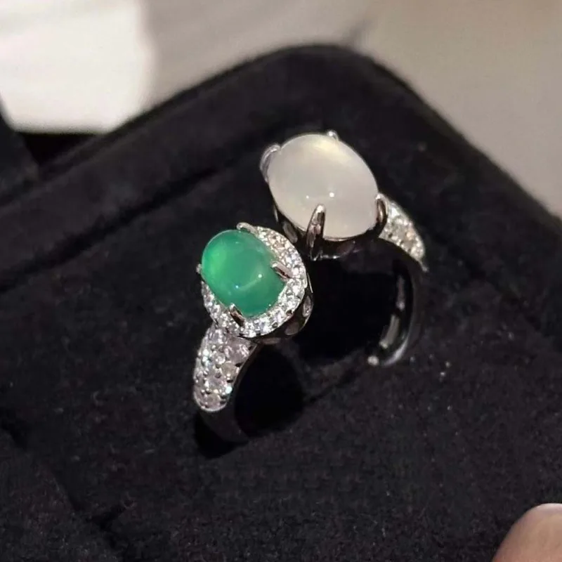 الرجعية الكلاسيكية الأخضر البيضاوي الدائري المزدوج لهجة الطبيعية عالية الجليد العقيق خواتم للنساء تألق مجوهرات الماس الكامل #4