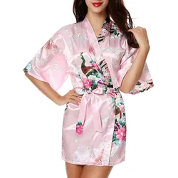 Ladies’ Simulation Silk Printing Traditional Classic Robe Fashion Gown Bath Robe Bird And tree Print Comfortable Sleepwear