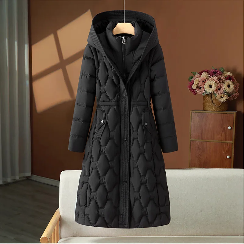 Women Parkas Coats Long Jackets Detachable Hooded Solid Zipper Pocket Cinched Waist Long Sleeves Loose Thick Casual 2025 Winter
