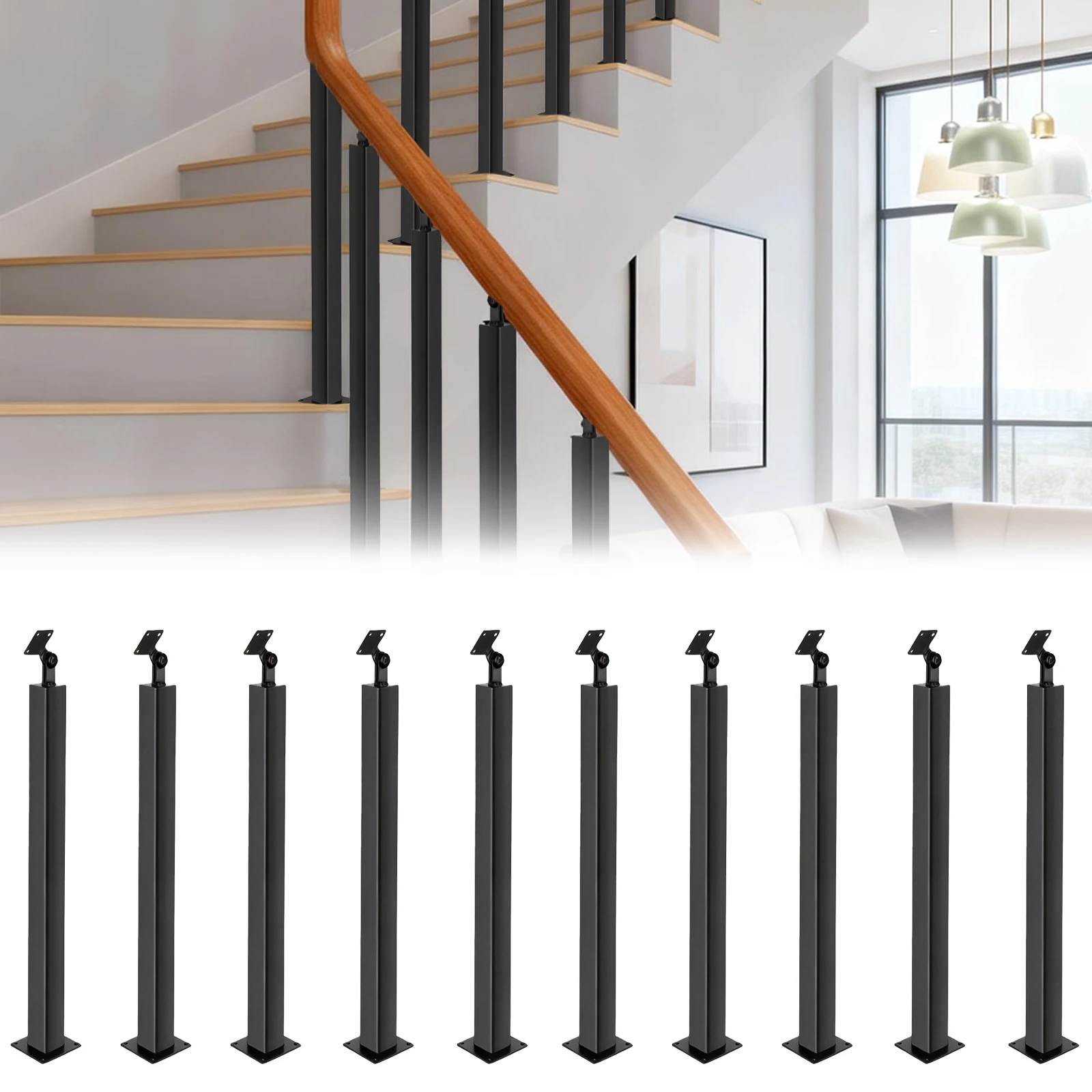 

35/37inch Black Metal Baluster Spindles with Screws Kit 270°Adjustable (Handrail Not Included) for Deck Balcony and Porch