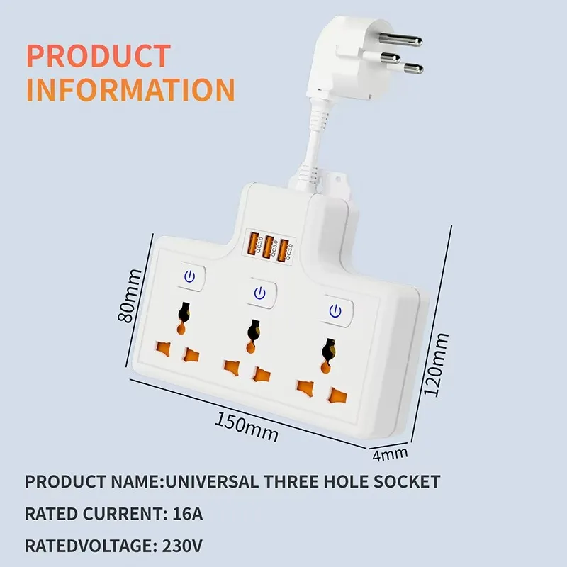 HotSelling العالمي قطاع الطاقة تمديد المجلس مع منفذ Usb 3AC تمديد كابل المقبس متعدد التوصيل منفذ موسع قطاع الطاقة