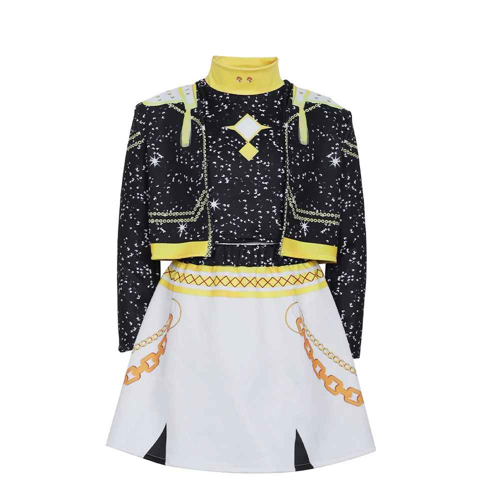 زي K-POP Demon Hunter التنكري، زي الأطفال المطبوع بالذهب الأسود لمرحلة الأداء للهالوين للفتيات على شكل نجمة الغناء