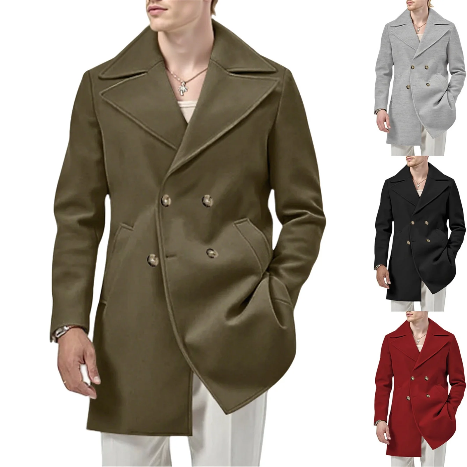 

Роскошное мужское шерстяное пальто, однотонное двубортное пальто средней длины с зубчатыми лацканами и длинными рукавами