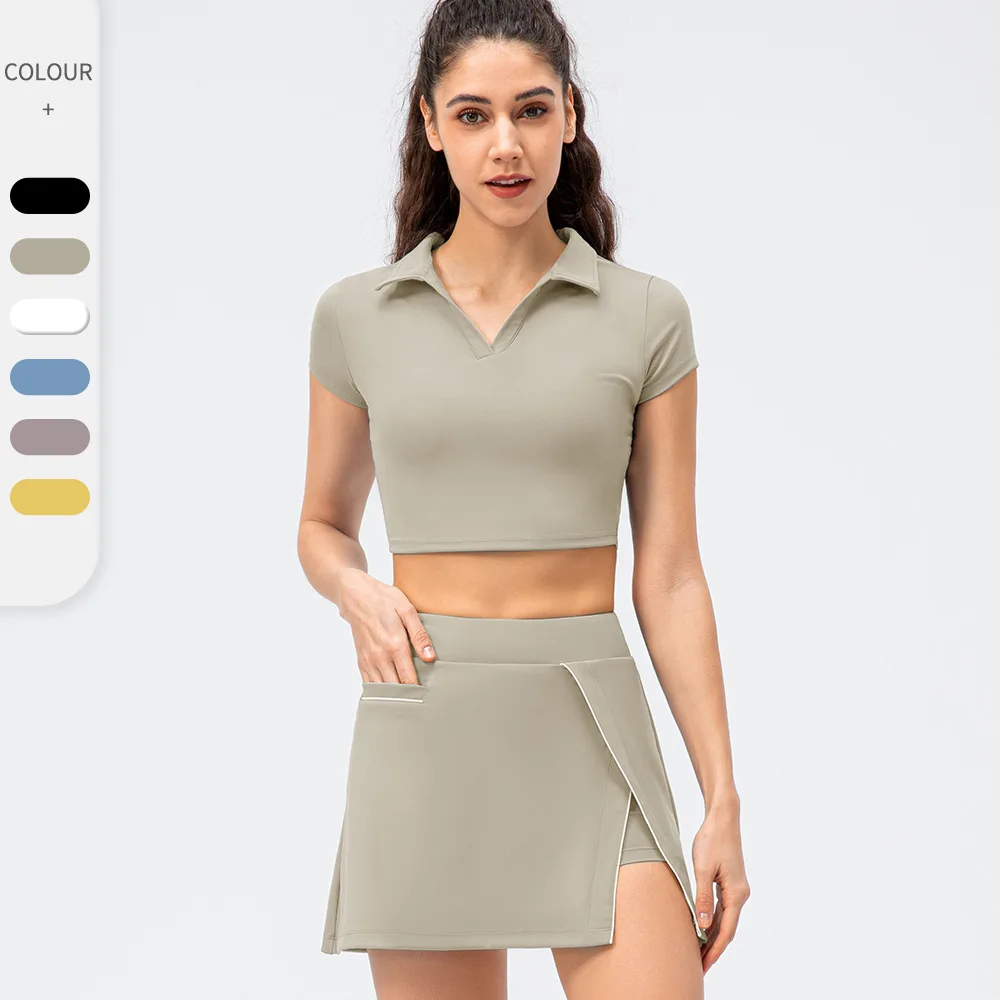 

Woman Tennis Suit Yoga Casual Sports Suit 2 Pieces Tennis Skort Short Sleeve Fitness Two-Piece Set