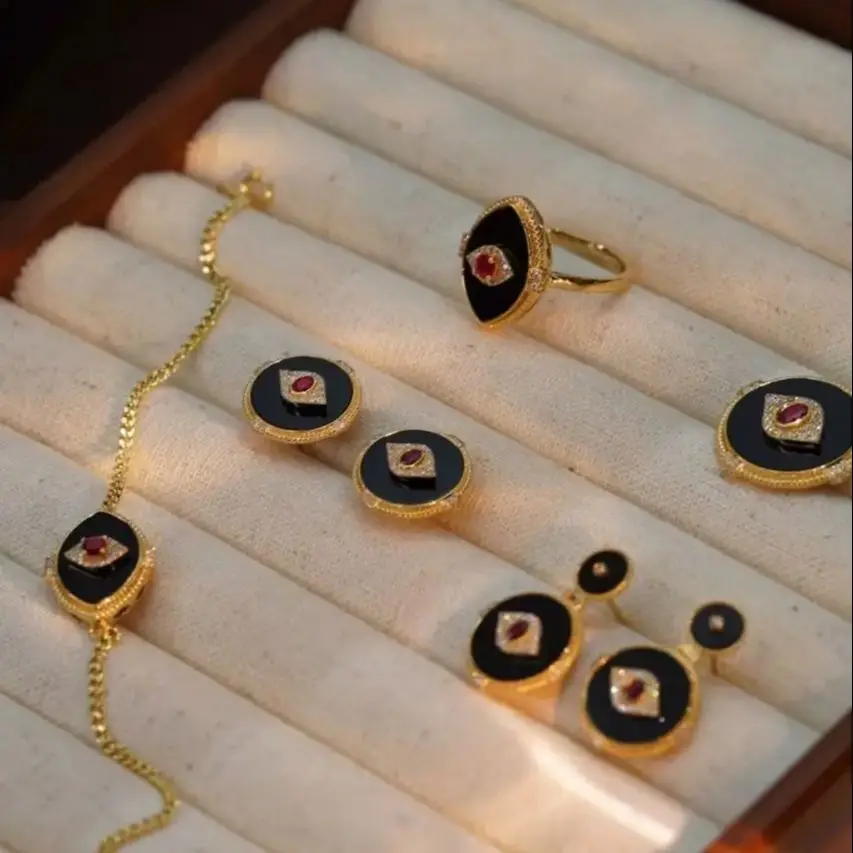 

4pcs/Set Ins Fashion Trendy Turkish Evil Eye Jewelry Set Black/Red Agate Evil Eye Ring Bracelets Necklaces Earrings Accessories